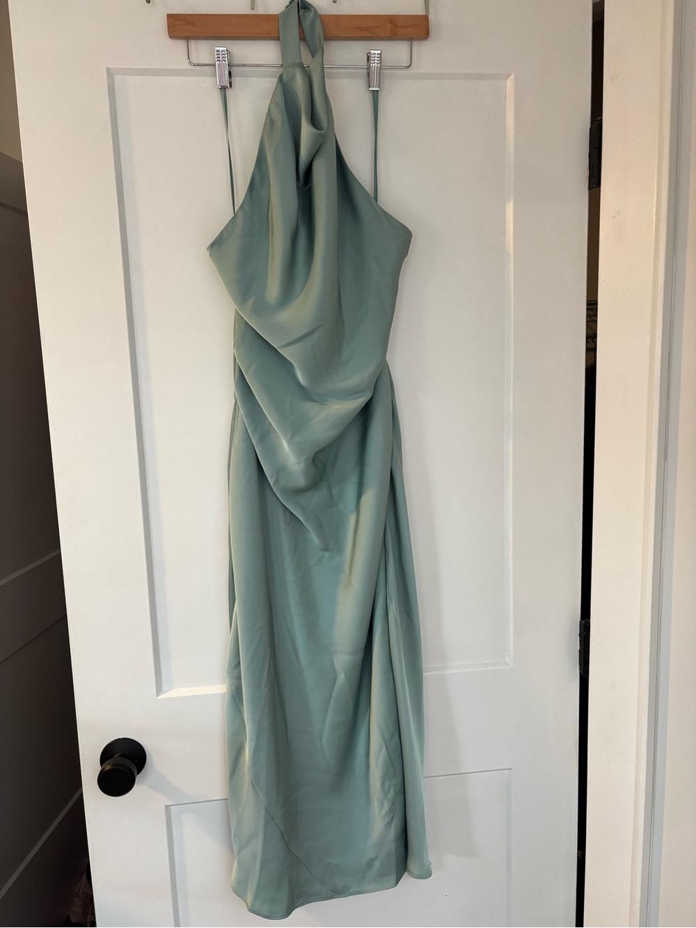 Aritzia Audience Satin Maxi Halter Dress in Goddess Sage